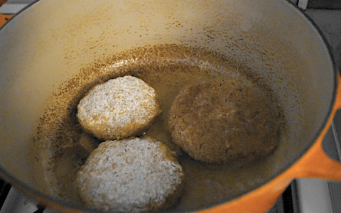 Pan frying the burgers in a small amount of oil (one has just been turned-over after first ten minutes)