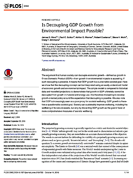 Title frame for Ward 2016: ‘Is Decoupling GDP Growth from Environmental Impact Possible?’.