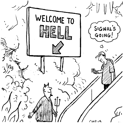 FRAW Gallery: ‘Signal’s going (mobile phone user descending escalator into hell’