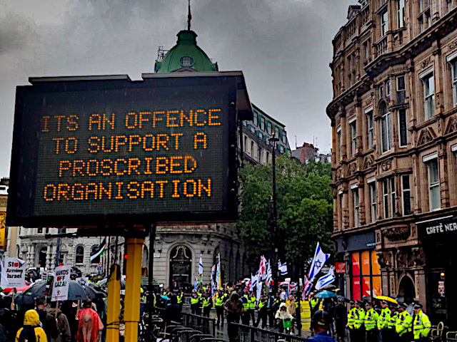 FRAW Gallery: ‘Police dot matrix signs at a Palestine Solidarity march, Westminster, 19th July 2025’ (image 1)