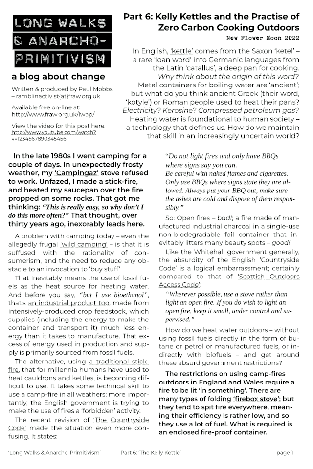 download the PDF version of ‘Long Walks & Anarcho-Primitivism’ Part 6: ‘Kelly Kettles and the Practise of Zero Carbon Cooking Outdoors’