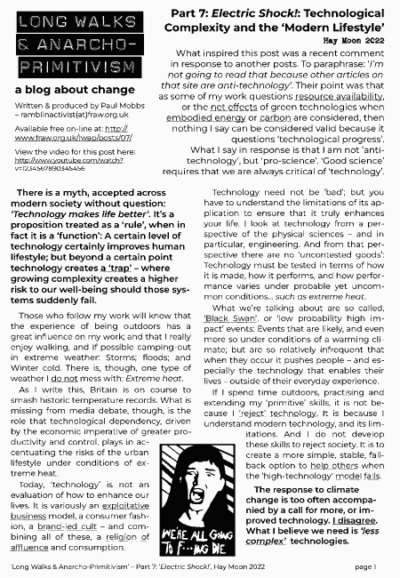 download the PDF version of ‘Long Walks & Anarcho-Primitivism’ Part 7: ‘Electric Shock! – Technological Complexity and the Modern Lifestyle’