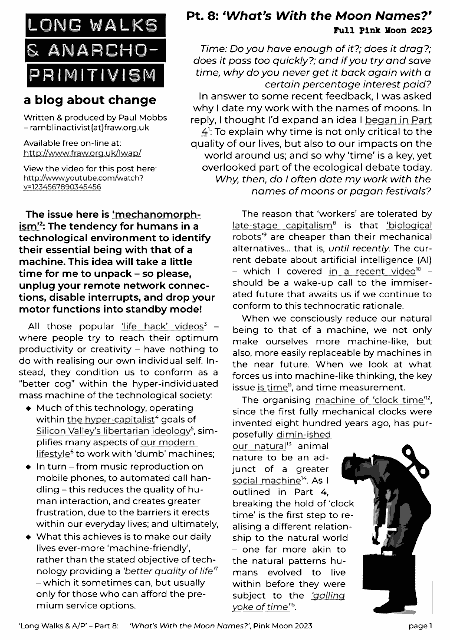 download the PDF version of ‘Long Walks & Anarcho-Primitivism’ Part 8: ‘What’s With the Moon Names?’, Full Pink Moon 2023.