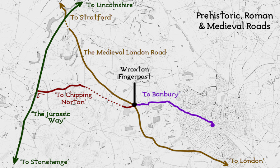 The Wroxton Fingerpost's position in the local Medieval roads network