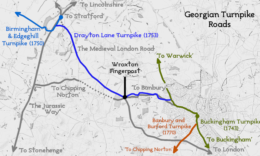 The Wroxton Fingerpost's position in the local Turnpike roads network